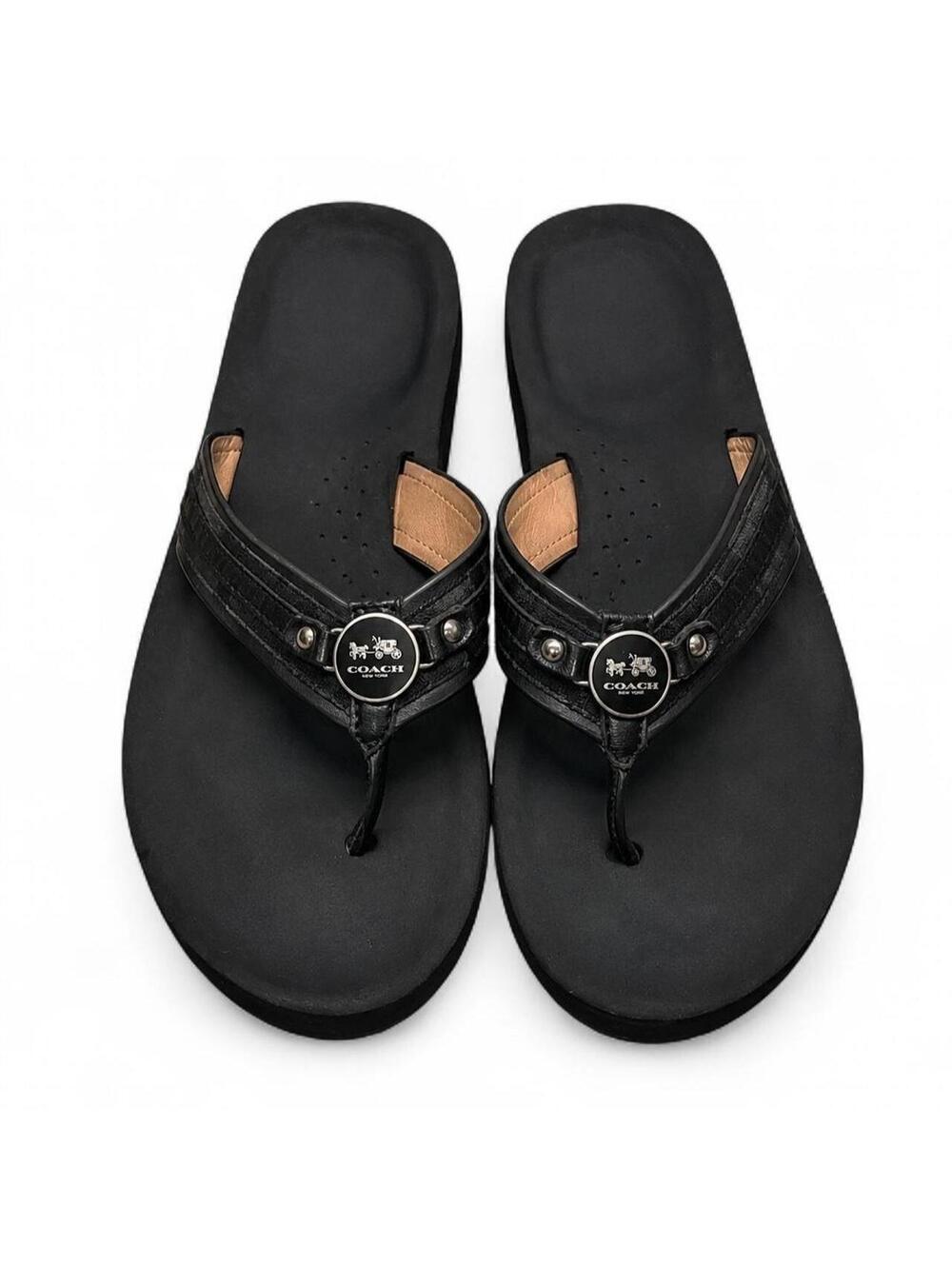 Crazy fire pair of vintage Y2K Coach black leather flip flops